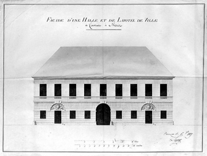 Façade d'une halle et de l'hôtel de ville à construire à Morez, 1817. © Région Bourgogne-Franche-Comté, Inventaire du patrimoine Façade d'une halle et de l'hôtel de ville à construire à Morez, 1817. © Région Bourgogne-Franche-Comté, Inventaire du patrimoine