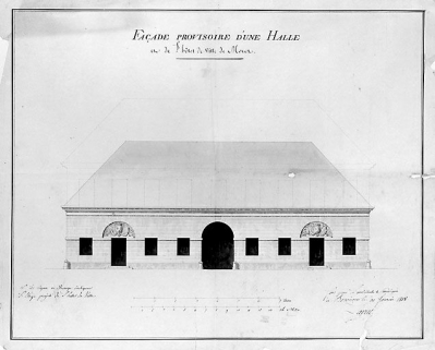 Façade provisoire d'une halle et de l'hôtel de ville de Morez, 1818. © Région Bourgogne-Franche-Comté, Inventaire du patrimoine Façade provisoire d'une halle et de l'hôtel de ville de Morez, 1818. © Région Bourgogne-Franche-Comté, Inventaire du patrimoine