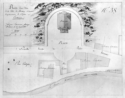 Plan d'une partie de la ville de Morez indiquant l'emplacement de l'église à construire, 1820. © Région Bourgogne-Franche-Comté, Inventaire du patrimoine