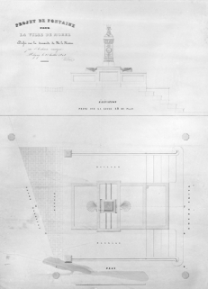 Projet de fontaine pour la ville de Morez. Plan [et] Elévation prise sur la ligne AB du plan, 1842. © Région Bourgogne-Franche-Comté, Inventaire du patrimoine
