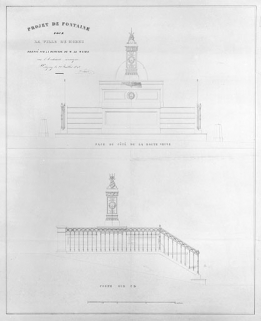 Projet de fontaine pour la ville de Morez. Face du côté de la route neuve [et] Coupe sur CD, 1842. © Région Bourgogne-Franche-Comté, Inventaire du patrimoine