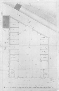 Plan de la halle de Morey [sic] suivant le 1er projet d'élever au dessus du bâtiment principal un étage pour l'hôtel de ville, 1818. © Région Bourgogne-Franche-Comté, Inventaire du patrimoine