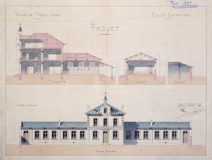 Ville de Morez - Jura - Ecole enfantine. Projet. Façade principale [et coupes], 1882. © Région Bourgogne-Franche-Comté, Inventaire du patrimoine