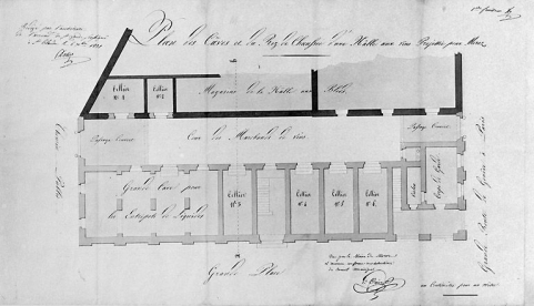 Plan des câves et du rez-de-chaussée d'une hâlle aux vins projettée pour Morez. 1ère feuille, 1831. © Région Bourgogne-Franche-Comté, Inventaire du patrimoine Plan des câves et du rez-de-chaussée d'une hâlle aux vins projettée pour Morez. 1ère feuille, 1831. © Région Bourgogne-Franche-Comté, Inventaire du patrimoine