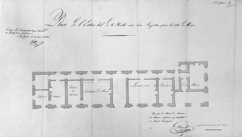 Plan de l'entresol de la hâlle aux vins projettée pour la ville de Morez. 3ème feuille, 1832. © Région Bourgogne-Franche-Comté, Inventaire du patrimoine Plan de l'entresol de la hâlle aux vins projettée pour la ville de Morez. 3ème feuille, 1832. © Région Bourgogne-Franche-Comté, Inventaire du patrimoine