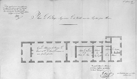 Plan de l'étage supérieur de la hâlle aux vins projettée pour Morez. 4ème feuille, 1832. © Région Bourgogne-Franche-Comté, Inventaire du patrimoine Plan de l'étage supérieur de la hâlle aux vins projettée pour Morez. 4ème feuille, 1832. © Région Bourgogne-Franche-Comté, Inventaire du patrimoine