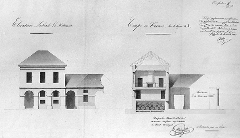 Elévation latérale du bâtiment [et] Coupe en travers sur la ligne a,b. 5ème feuille, 1832. © Région Bourgogne-Franche-Comté, Inventaire du patrimoine