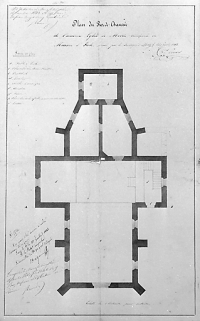 Plan du rez-de-chaussée de l'ancienne église de Morez transformée en maison d'école, 1843. © Région Bourgogne-Franche-Comté, Inventaire du patrimoine