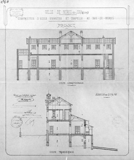 Construction d'école enfantine et chapelle au Bas-de-Morez. Projet. Coupe longitudinale [et] Coupe transversale, 1894. © Région Bourgogne-Franche-Comté, Inventaire du patrimoine
