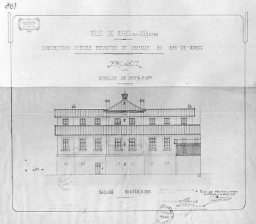Construction d'école enfantine et chapelle au Bas-de-Morez. Projet. Façade postérieure, 1894. © Région Bourgogne-Franche-Comté, Inventaire du patrimoine