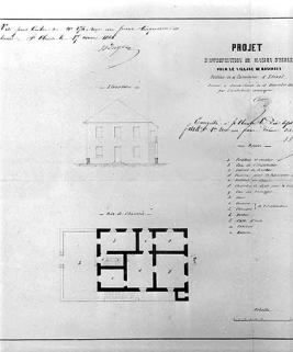 Projet d'appropriation de Maison d'Ecole [...] [plan au rez-de-chaussée et élévation]. © Région Bourgogne-Franche-Comté, Inventaire du patrimoine