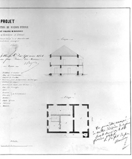 Projet d'appropriation de Maison d'Ecole [...] [plan à l'étage et coupe]. © Région Bourgogne-Franche-Comté, Inventaire du patrimoine