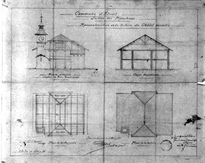 Commune d'Etival [...] Reconstruction de la toiture du châlet incendié [plans, coupe et élévation]. © Région Bourgogne-Franche-Comté, Inventaire du patrimoine
