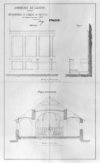 Commune de Lajoux. Restauration de l'église de Mijoux [élévation et coupe des stalles et coupe transversale de l'église]. © Région Bourgogne-Franche-Comté, Inventaire du patrimoine