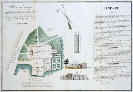 Plan d'ensemble, élévation extérieure et coupe longitudinale de l'église. © Région Bourgogne-Franche-Comté, Inventaire du patrimoine