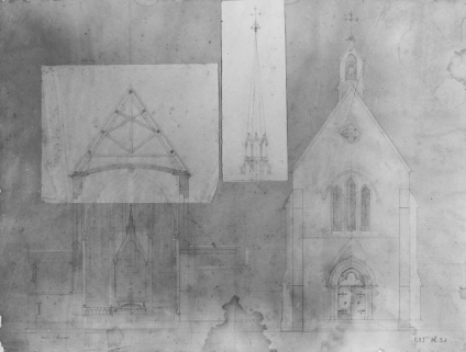 [Projets (?) pour la chapelle de Baudin : élévation du pignon ouest et de la flèche, coupe transversale du choeur]. © Région Bourgogne-Franche-Comté, Inventaire du patrimoine