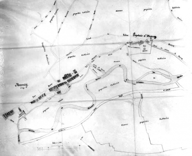 Plan des territoires de Mesnay et d'Arbois sur un rayon de 500 m de la papeterie de Mesnay. © Région Bourgogne-Franche-Comté, Inventaire du patrimoine