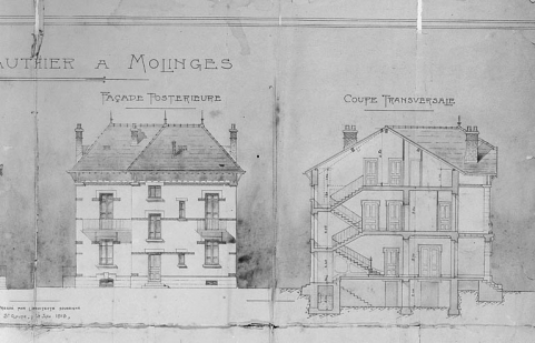 Villa L.N. Gauthier à Molinges [détails : façade postérieure et coupe]. © Région Bourgogne-Franche-Comté, Inventaire du patrimoine