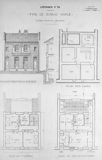 " Type de bureau simple " [projet type]. Façade principale sur rue, plan des caves, plan du rez-de-chaussée, plan du premier. © Région Bourgogne-Franche-Comté, Inventaire du patrimoine