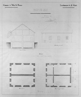Projet d'un chalet : plan du rez-de-chaussée et des caves, façades, coupes. © Région Bourgogne-Franche-Comté, Inventaire du patrimoine Projet d'un chalet : plan du rez-de-chaussée et des caves, façades, coupes. © Région Bourgogne-Franche-Comté, Inventaire du patrimoine