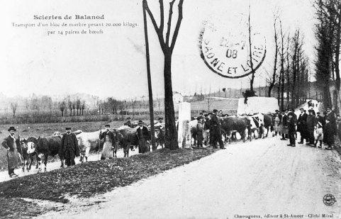 Scieries de Balanod. Transport d'un bloc de marbre pesant 20.000 kilogs. par 14 paires de boeufs. © Région Bourgogne-Franche-Comté, Inventaire du patrimoine