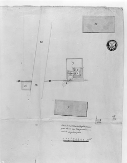 [Plan-masse du haut fourneau de Moutaine en 1797 d'après le] Plan d'un haut fourneau avec ses dépendances le tout couvert en thuilles [...]. © Région Bourgogne-Franche-Comté, Inventaire du patrimoine