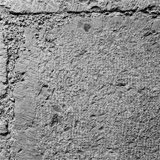 Détail du parement du garde-corps de la huitième travée de la coursière du collatéral sud (traces de boucharde). © Région Bourgogne-Franche-Comté, Inventaire du patrimoine