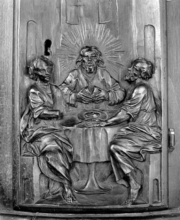 Bas-relief de la porte : les Pèlerins d'Emmaüs. © Région Bourgogne-Franche-Comté, Inventaire du patrimoine