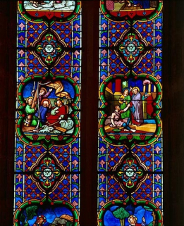 Détail de la baie 1 : Apaisement de la tempête et saint Pierre guérissant un paralytique. © Région Bourgogne-Franche-Comté, Inventaire du patrimoine Détail de la baie 1 : Apaisement de la tempête et saint Pierre guérissant un paralytique. © Région Bourgogne-Franche-Comté, Inventaire du patrimoine