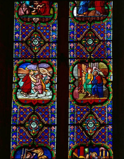 Détail de la baie 1 : Marche de saint Pierre sur l'eau et saint Pierre délivré par un ange. © Région Bourgogne-Franche-Comté, Inventaire du patrimoine Détail de la baie 1 : Marche de saint Pierre sur l'eau et saint Pierre délivré par un ange. © Région Bourgogne-Franche-Comté, Inventaire du patrimoine