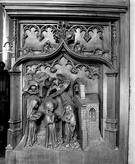 Jouée haute est : saint Romain et saint Lupicin rendant visite à sainte Yole. © Région Bourgogne-Franche-Comté, Inventaire du patrimoine