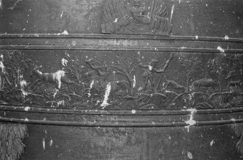 Décor du 2e registre : scène de chasse (partie gauche). © Région Bourgogne-Franche-Comté, Inventaire du patrimoine Décor du 2e registre : scène de chasse (partie gauche). © Région Bourgogne-Franche-Comté, Inventaire du patrimoine