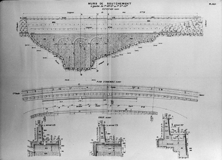 Mur de soutènement [...] Plan d'ensemble, Elévation [et] Coupe, [1919]. © Région Bourgogne-Franche-Comté, Inventaire du patrimoine