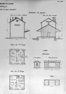 Bâtiment des voyageurs [... Détail partie droite : plan des étages et élévation des murs pignons du bâtiment des voyageurs, plan et élévations de l'abri], [1919]. © Région Bourgogne-Franche-Comté, Inventaire du patrimoine