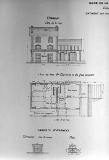 Bâtiment des voyageurs [... Détail partie gauche : plan du rez-de-chaussée et élévation côté voie du bâtiment des voyageurs, plan et élévation des latrines], [1919]. © Région Bourgogne-Franche-Comté, Inventaire du patrimoine
