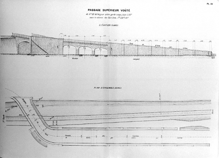 Passage supérieur voûté de 5,00 m de largeur entre garde-corps, biais à 60 ° sous le chemin des Carrières. Plan d'ensemble [et] Elévation, [1919]. © Région Bourgogne-Franche-Comté, Inventaire du patrimoine