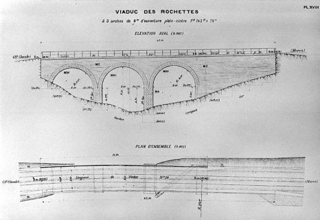 Viaduc des Rochettes à 3 arches de 8 m d'ouverture plein-cintre. Plan d'ensemble [et] Elévation aval, [1919]. © Région Bourgogne-Franche-Comté, Inventaire du patrimoine
