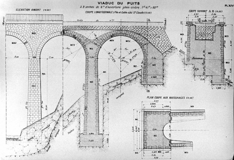 Viaduc du Puits [...] Elévation amont [et] Coupe [longitudinale de la pile et de la culée côté La Cluse, et autres coupes de cette culée], [1919]. © Région Bourgogne-Franche-Comté, Inventaire du patrimoine