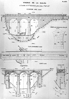 Viaduc de la Culée à 3 arches de 5 m d'ouverture plein-cintre. Plan d'ensemble, Elévation aval [et] Coupe, [1919]. © Région Bourgogne-Franche-Comté, Inventaire du patrimoine