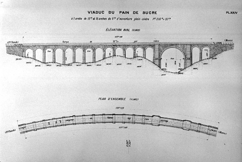 Viaduc du Pain de Sucre à 1 arche de 15 m et 15 arches de 5 m d'ouverture plein-cintre. Plan d'ensemble [et] Elévation aval, [1919]. © Région Bourgogne-Franche-Comté, Inventaire du patrimoine