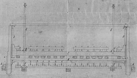 Elévation partielle de la face postérieure : détail du plan montrant le système d'entraînement des fraises et de fixation des ébauchons. © Région Bourgogne-Franche-Comté, Inventaire du patrimoine