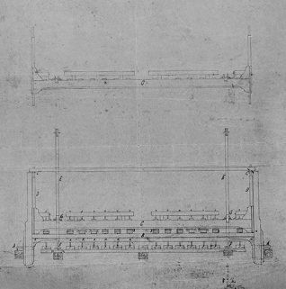 Elévation partielle de la face postérieure donnant les dessins du système d'entraînement des fraises et de fixation des ébauchons, et d'une partie du bâti mobile. © Région Bourgogne-Franche-Comté, Inventaire du patrimoine