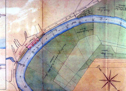 Règlement d'eau de l'usine projetée sur la rive droite de la Loue à l'amont du pont Sainte-Marie, par le sieur Pouguet Aimé Célestin [...]. Plan géométrique des lieux, 1852. © Région Bourgogne-Franche-Comté, Inventaire du patrimoine