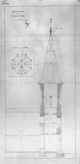 Construction d'un clocher : coupe longitudinale, 1849. © Région Bourgogne-Franche-Comté, Inventaire du patrimoine Construction d'un clocher : coupe longitudinale, 1849. © Région Bourgogne-Franche-Comté, Inventaire du patrimoine