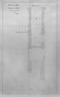 Construction d'un clocher : coupe longitudinale, 1850. © Région Bourgogne-Franche-Comté, Inventaire du patrimoine Construction d'un clocher : coupe longitudinale, 1850. © Région Bourgogne-Franche-Comté, Inventaire du patrimoine