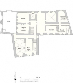Plan du rez-de-chaussée d'après le projet de réaménagement de l'évêché en sous-préfecture dessiné par l'architecte départemental (André Sire ?) le 1er avril 1907 (AD Jura, série N). © Région Bourgogne-Franche-Comté, Inventaire du patrimoine