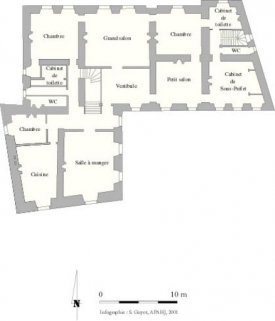 Plan du premier étage d'après le projet de réaménagement de l'évêché en sous-préfecture dessiné par l'architecte départemental (André Sire ?) le 1er avril 1907 (AD Jura, série N). © Région Bourgogne-Franche-Comté, Inventaire du patrimoine