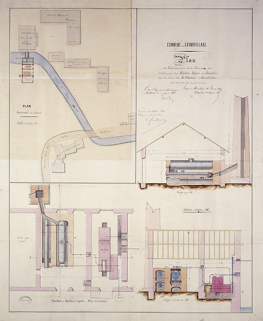 Commune de Grandvillars. Plan des dispositions prises par les soussignés pour l'établissement d'une machine à vapeur avec chaudière dans leur usine dite le Château à Grandvillars [plan, coupe et élévation]. © Région Bourgogne-Franche-Comté, Inventaire du patrimoine