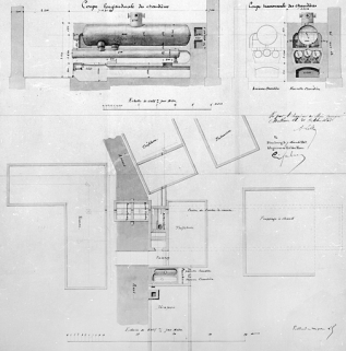 Plan-masse et coupes longitudinale et transversale des chaudières. © Région Bourgogne-Franche-Comté, Inventaire du patrimoine Plan-masse et coupes longitudinale et transversale des chaudières. © Région Bourgogne-Franche-Comté, Inventaire du patrimoine