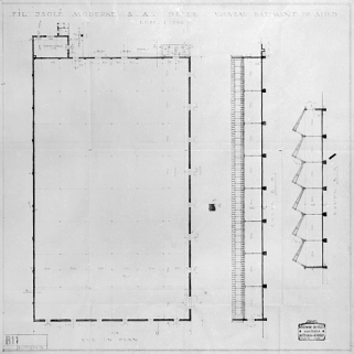 Fil Isolé Moderne S.A. Delle - Nouveau bâtiment de shed - R 11 [Coupes et plan au sol]. © Région Bourgogne-Franche-Comté, Inventaire du patrimoine